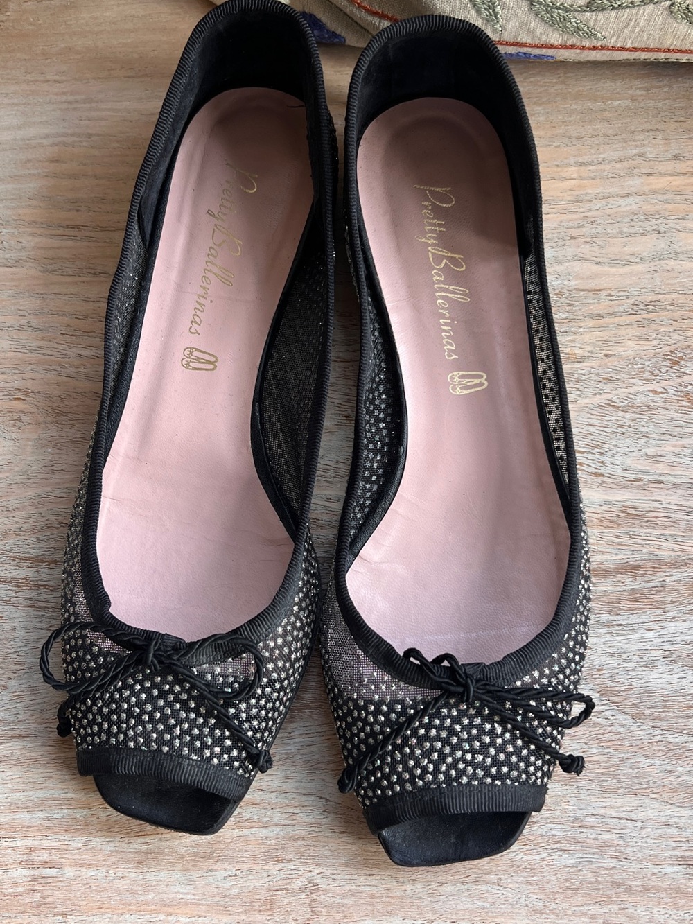 Pretty Ballerinas Black Mesh Peep-Toe Flats with Silver Accents